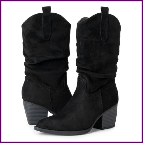 Women's Western Slouch Boots Mid Calf Block Heel Cowboy Booties - Picture 4 of 8